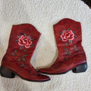 Red Floral Embroidered Heeled Boots